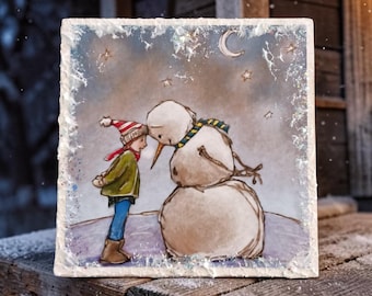 Tiered tray decor, shelf sitter wood art with thoughtful Snowman,  4x4 Rustic Holiday Shelf Sitter, mini art Decor, Farmhouse .