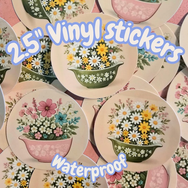 Pyrex Vinyl stickers, 2.5 " round. Waterproof and UV protective.