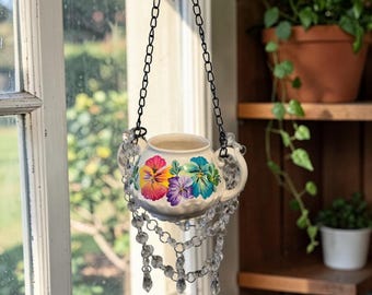 Ceramic plant hanger suncatcher, tea light holder, Handpainted.