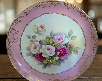 Vintage Rose plate, gold trim collector plate signed by artist.