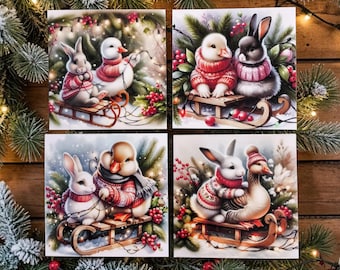 Duck with Rabbit Christmas magnets, unique holiday gifting 3.25sq"