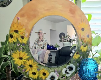 Round wood handpainted floral mirror, Sunflowers, 20" round.