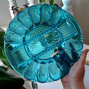 Vintage Blue Glass egg plate and relish dish.