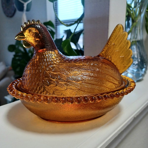 Vintage Indian Glass Amber/Yellow Hen on a Nest Covered Chicken Candy Dish