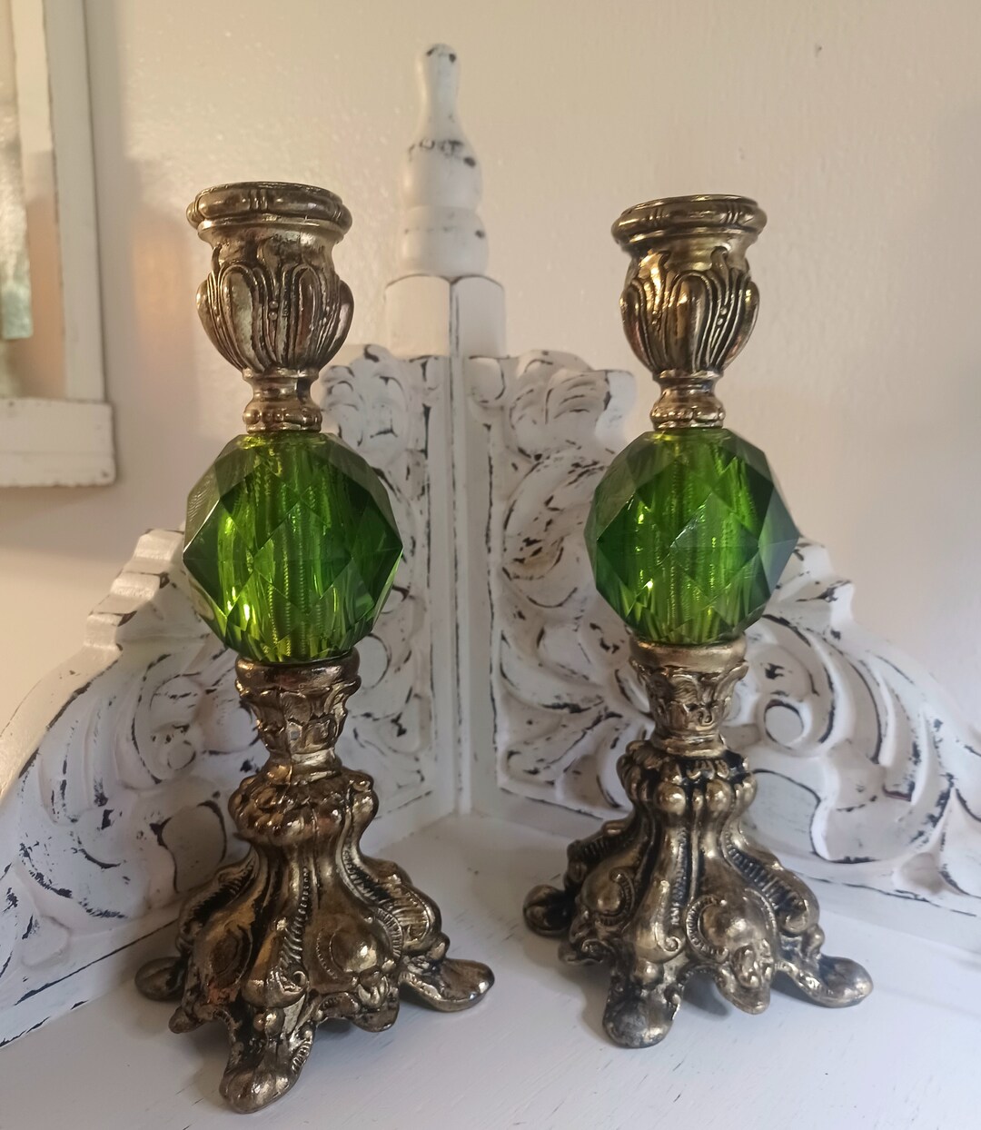 2 Vintage Hollywood Regency Brass Metal, Emerald Green Lucite