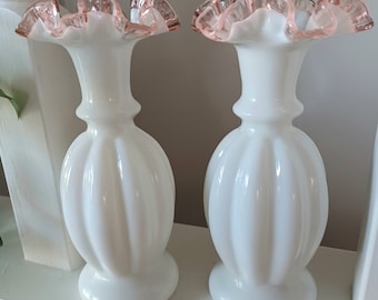 Pair of Fenton pink crested vases.