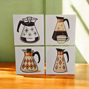May include: Four square images featuring retro-style coffee pots. Each pot has a black handle and a decorative design. One image has the word "PYREX" on it. The coffee pots are brown, gold, and clear with star and diamond patterns.