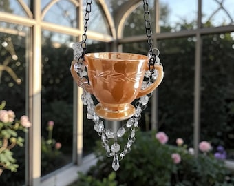 Glass plant hanger suncatcher, tea light holder,  Vintage Fire king Peach lustre opalescent glass.