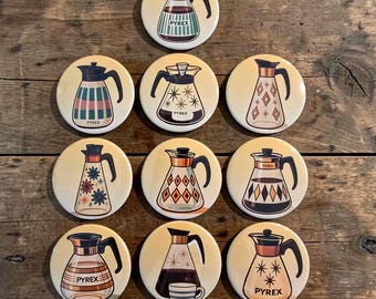 Vintage Pyrex coffee pots Magnets 2.5 " round.