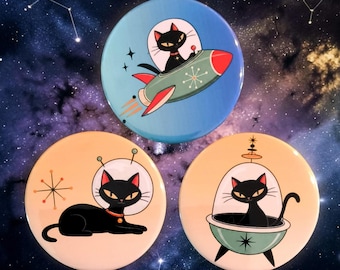 3-Retro MCM atomic cat  in Space magnets 2.5" Round.