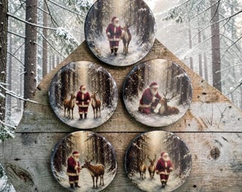 Santa and Reindeer Magnets. 2.5" round.
