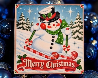 Skiing snowman magnets, unique holiday gifting. Vintage design