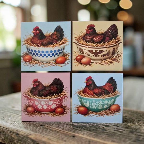 Pyrex with hens magnets. 2 sizes available.
