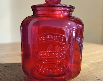 Large Planters Mr.Peanut Man Red Glass Jar - Salted 4cent Jar
