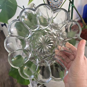 May include: Clear glass serving dish with a scalloped edge and a floral design in the center. The dish is held by a hand, with a plant and decorative items in the background. The dish is likely used for serving appetizers or desserts.