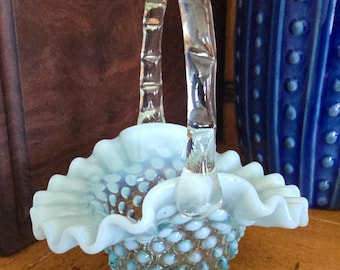 Vintage Fenton Blue Opalescent Hobnail Ruffled Fluted 6" Basket