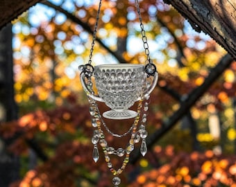Glass plant hanger suncatcher, tea light holder, Vintage glass, crystal suncatcher.