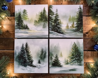 Snowy Pine trees magnets, unique holiday gifting 3.75sq"