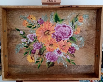 Wood hand painted serving tray/ Farmhouse decor/ Florals