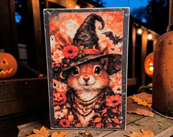 Fall Halloween Squirrel Wood Block Art, Farmhouse Shelf Decor