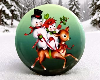 Vintage snowmen magnets, unique holiday giftin 2.5" round.