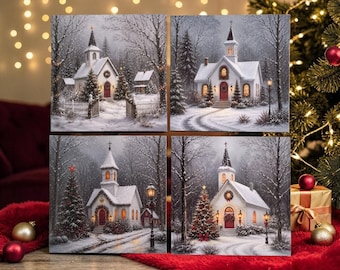 Snowy Church Christmas magnets, unique holiday gifting 3.25sq"