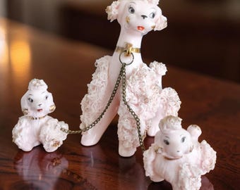 Vintage Lefton Pink poodle with pups.