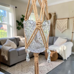Macrame plant holder, tea light holder, with vintage glass.