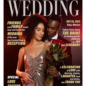 May include: A wedding announcement for Roxanne and Samuel King, taking place on July 26, 2025 in Baja, Mexico. The announcement features a photo of the couple, with the bride wearing a silver dress and the groom wearing a black suit. The couple is holding a bouquet of red roses.