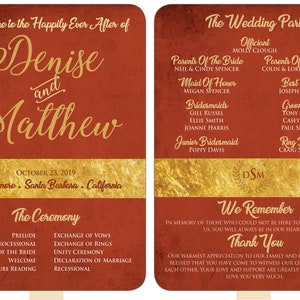 May include: A wedding program with a red and gold design. The program includes the names Denise and Matthew, the date October 23, 2019, and the location The Biltmore, Santa Barbara, California. The program also includes the wedding party, the ceremony order, and a thank you message.