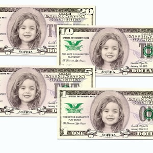 Personalized Custom Play Money Dollars - 15 of each 1, 5, 10, 20 dollars (60 bills total)