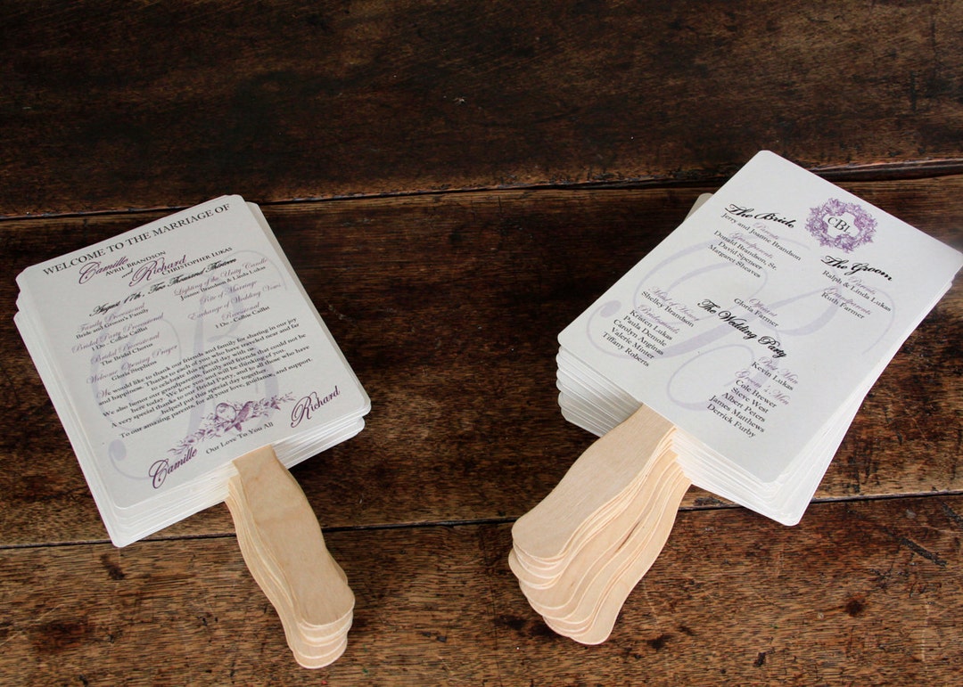 Wedding program hand fans custom shimmer fully assembled with paddle etsy
