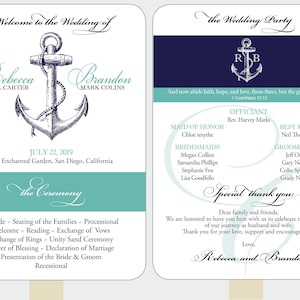 May include: Wedding program with an anchor design, navy blue and teal accents. The program includes the names Rebecca and Brandon, the date July 22, 2019, and the ceremony details. The back lists the wedding party.
