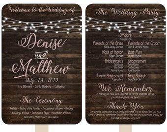 Rustic Wood Wedding Lights Wedding Program Paddle Hand Fans Assembled