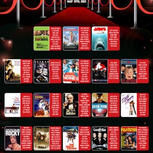 May include: A red carpet with a movie-themed poster display featuring various movie titles and actors. The posters are arranged in a grid pattern and include titles such as "Sideways", "Jaws", "Batman", "The Godfather", "Iron Man", "Pulp Fiction", "Terminator", "Caddyshack", and "Mad Max".