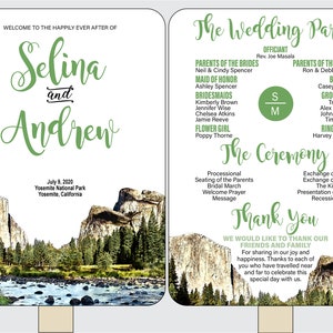 May include: A wedding programme with a watercolour illustration of Yosemite National Park. The programme includes the names of the wedding party, the ceremony order, and a thank you message to guests.