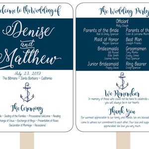 Navy Anchor Wedding program Paddle Hand Favor Fan Fully Assembled