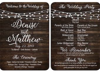 Rustikales Hochzeitsprogramm aus Holz mit Lichtern