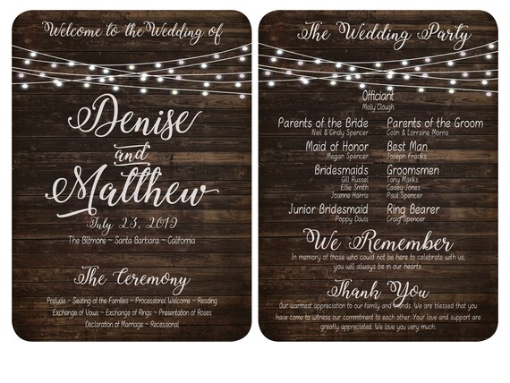 Rustic Wedding Program Wood With Lights - Etsy