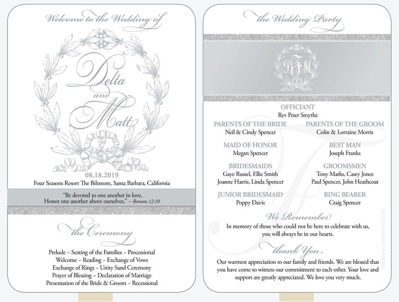 Silver wedding program hand fans wood paddle assembled etsy