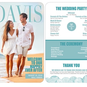 Custom Color 2-sided Photo Magazine wedding programs on White Satin Card