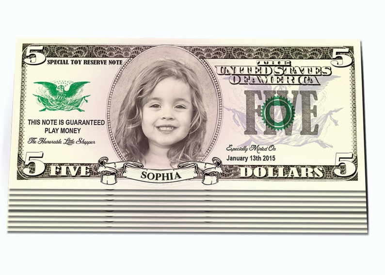 Custom Play Money Example Personalized Play Money – Custom Photo, Name & Birthday (60 Bills) - Etsy