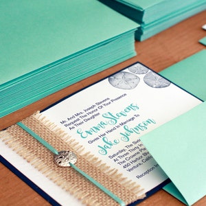 Hand Made Sand Dollar Jute Beach Wedding Invitation Set. Printed on shimmer Linen