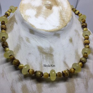 Impressive tigers eye and yellow calcite necklace with copper accents and handmade clasp