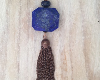 On trend longer length necklace with large lapis lazuli focal bead on antique copper colour Egyptian style chain