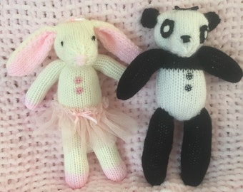 Hand Knit Pattern Bunny & Panda Toy