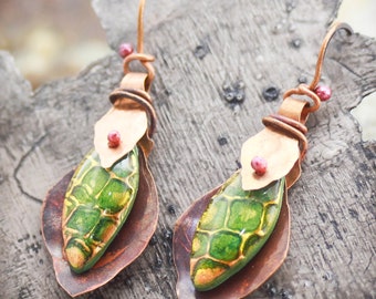 Green Leaves and Copper Earrings