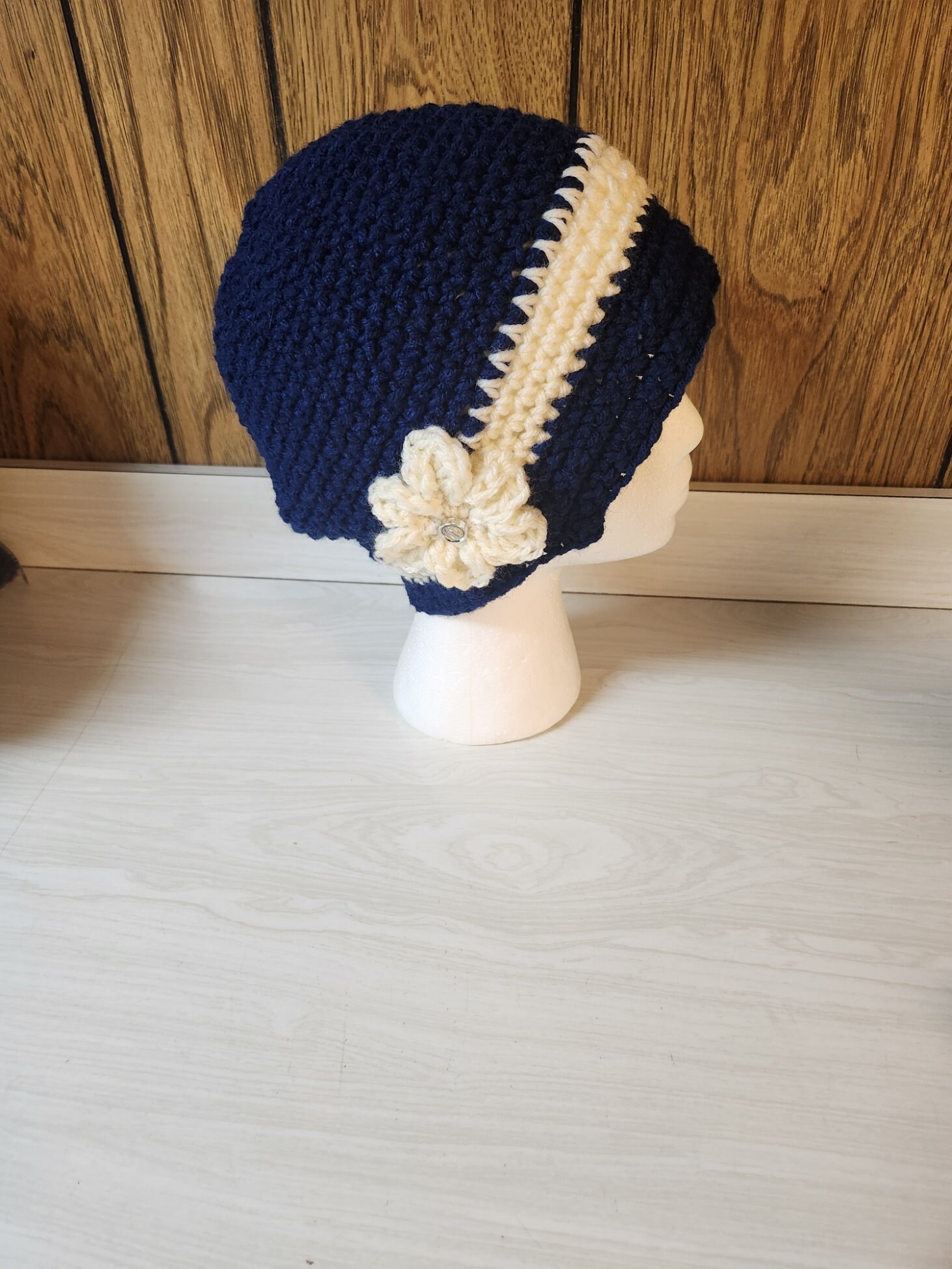 Cute Vintage Style Navy Blue/ivory Crocheted Cap Hat