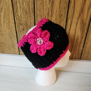 Pretty Pink/Black Handmade Knitted/Crocheted Ear Warmer/Headband/Head Wrap image 1