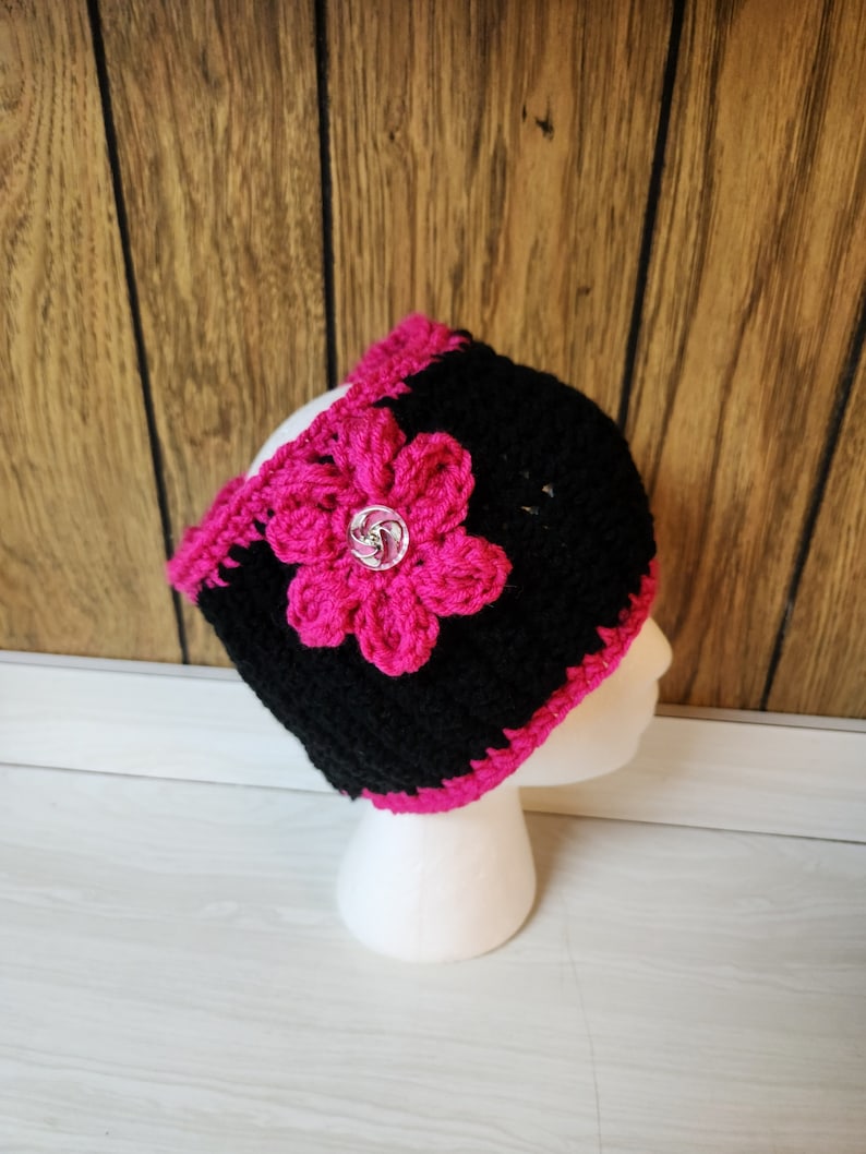 Pretty Pink/Black Handmade Knitted/Crocheted Ear Warmer/Headband/Head Wrap image 1